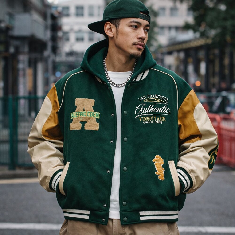 Aelfric Eden San Francisco Authentic Varsity Jacket Green Cream Embroidered XL
